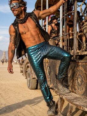 Mens Metallic Teal Scale-Print Festival Leggings Size XL. Burningman 🔥